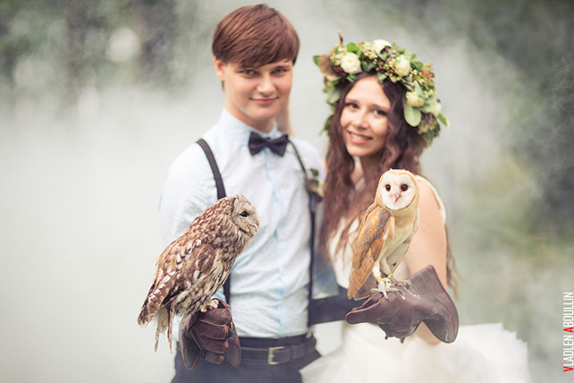 лесная свадьба в стиле бохо, фотосессия с совами