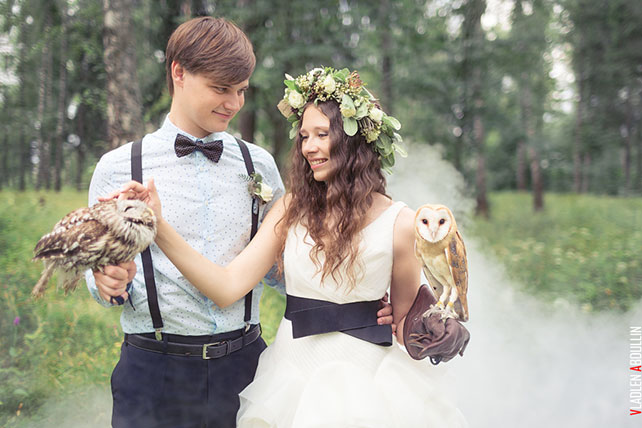 лесная свадьба в стиле бохо, фотосессия с совами
