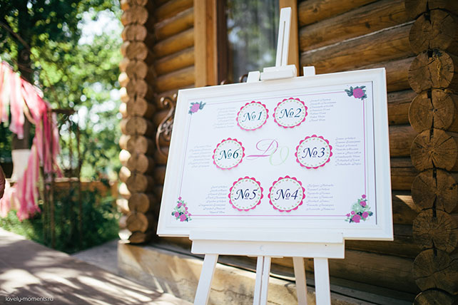 летняя свадьба, зеленый и коралловый, план рассадки гостей