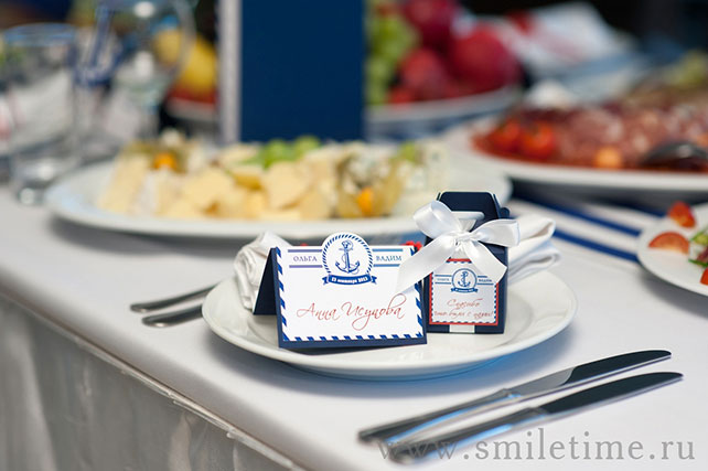 морская свадьба, рассадочные карточки и бонбоньерки