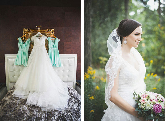 Очаровательная мятно-розовая свадьба Игоря и Анны, платье невесты, платья подружек, образ невесты