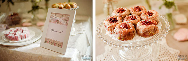 Пионовая свадьба Александры и Константина, декор сладкого стола, угощение на сладком столе