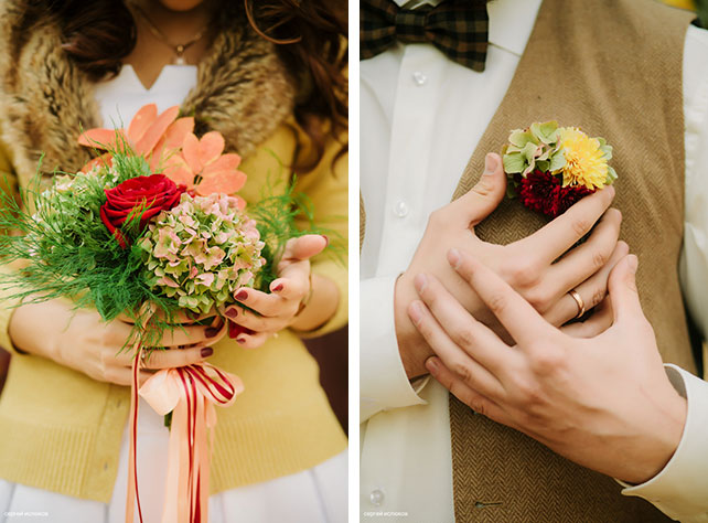 Винтажный шик, роскошная осенняя свадьба в лесу, бутоньерка жениха, букет невесты