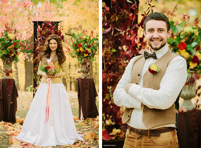 Винтажный шик, роскошная осенняя свадьба в лесу, образы жениха и невесты