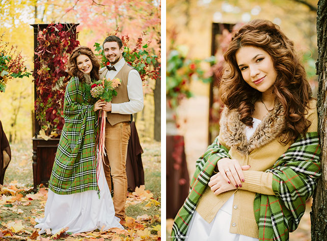 Винтажный шик, роскошная осенняя свадьба в лесу, фотосессия жениха и невесты с клетчатым пледом