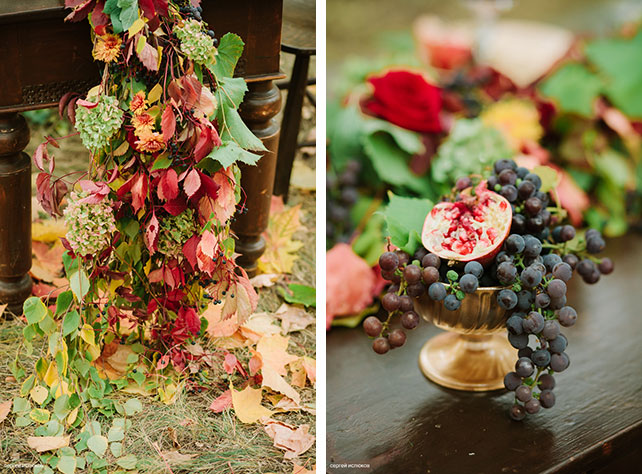 Винтажный шик, роскошная осенняя свадьба в лесу, декор места фотосессии, раннер из листьев