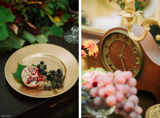 Винтажный шик, роскошная осенняя свадьба в лесу, декор места фотосессии фруктами