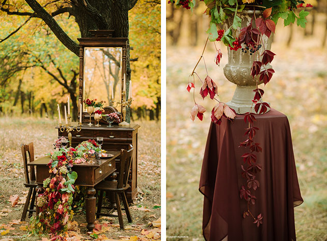 Винтажный шик, роскошная осенняя свадьба в лесу, раннер из осенних листьев, композиция из листьев в вазе