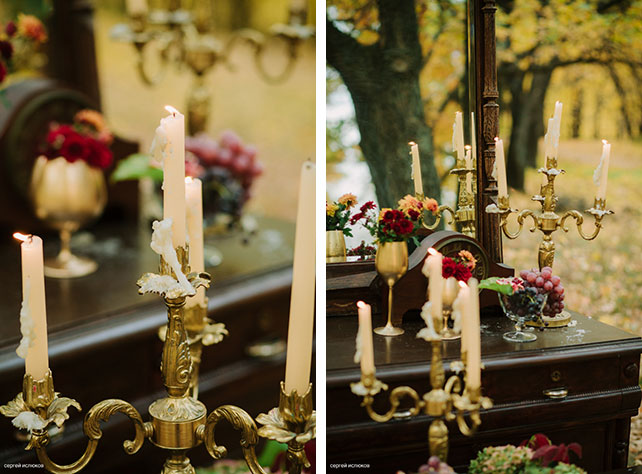 Винтажный шик, роскошная осенняя свадьба в лесу, декор места фотосессии, подсвечники