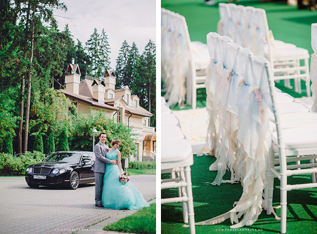 Русско-бразильская свадьба Яны и Арона, фотосессия жениха и невесты, декор стульев для гостей