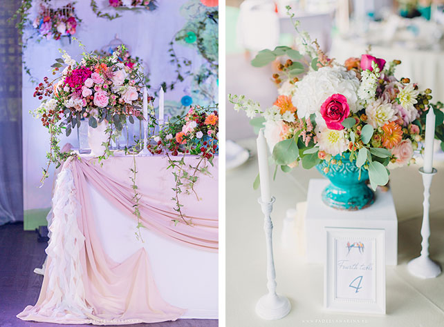 Русско-бразильская свадьба Яны и Арона, декор банкетного зала живыми цветами