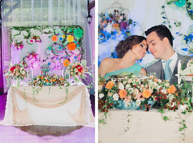 Русско-бразильская свадьба Яны и Арона, декор стола молодожёнов живыми цветами