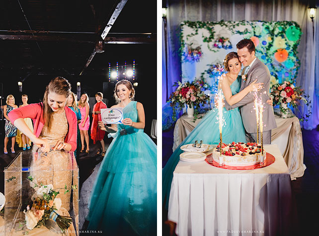 Русско-бразильская свадьба Яны и Арона, подружки невесты достают букет из стеклянного ящика, свадебный торт