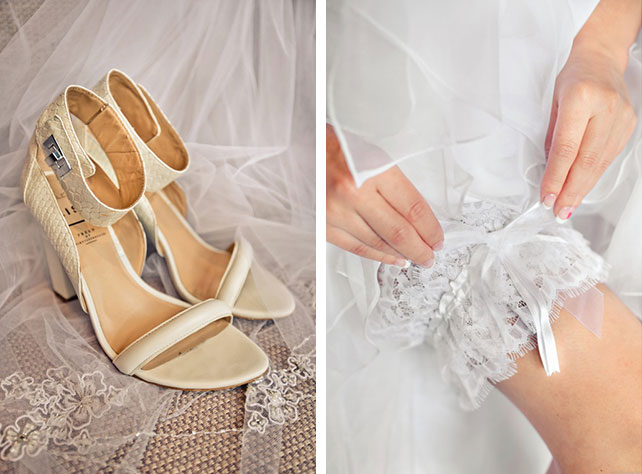 Красно-белая сердечная свадьба Дмитрия и Ольги, туфли и подвязка невесты
