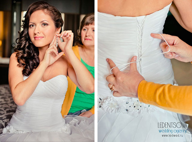 Красно-белая сердечная свадьба Дмитрия и Ольги, невеста надевает сережки и платье