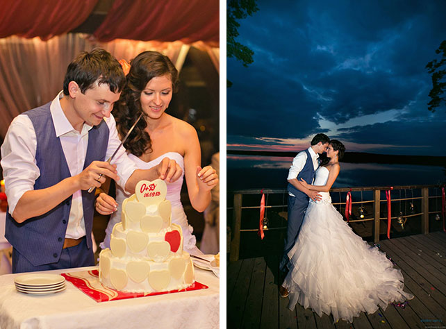 Красно-белая сердечная свадьба Дмитрия и ОльгиКрасно-белая сердечная свадьба Дмитрия и Ольги, молодожёны разрезают свадебный торт