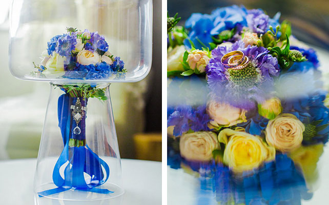 Лена и Миша: свадьба в синем цвете, жёлто-синий букет невесты