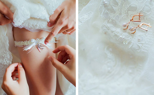 Лена и Миша: свадьба в синем цвете, невеста надевает подвязку