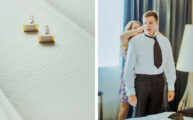 Лена и Миша: свадьба в синем цвете, невеста помогает жениху надеть галстук