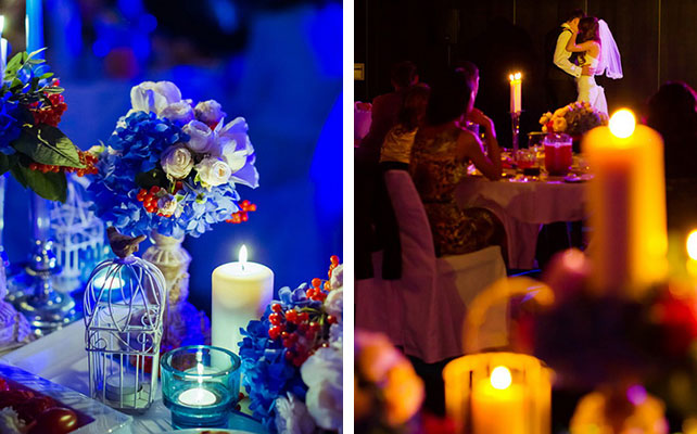 Лена и Миша: свадьба в синем цвете, декор зала свечами