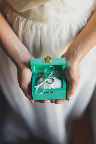 Мятная свадьба с городской фотосессией, кольца в коробочке