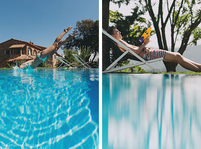 Солнечная свадьба в Тоскане, гости купаются в бассейне