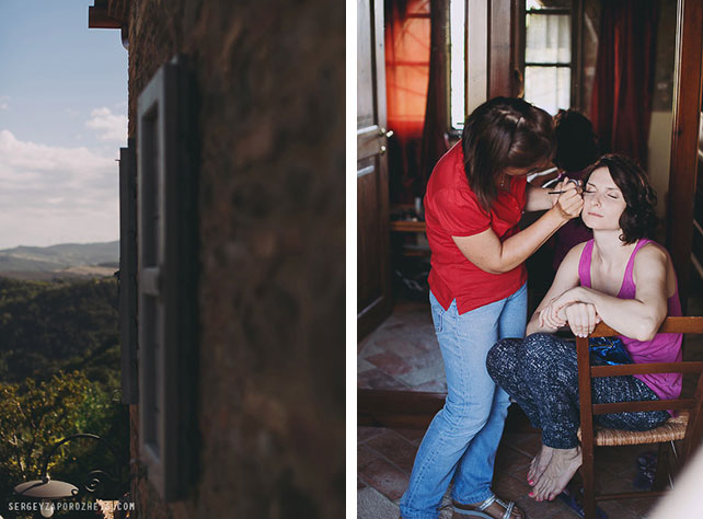 Солнечная свадьба в Тоскане, визажист делает невесте макияж