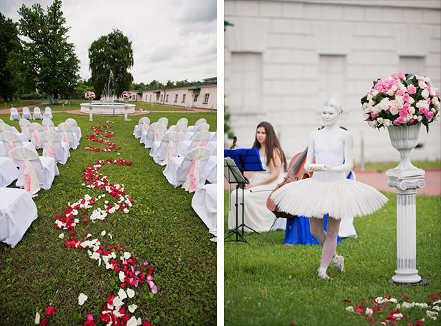 Изящная свадьба в тематике балет, место торжественной церемонии, живая статуя балерины