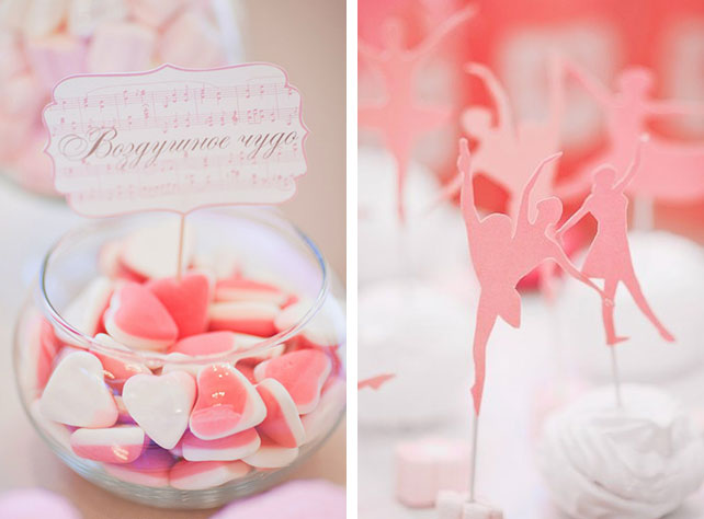Изящная свадьба в тематике балет, декор банкетного зала, сладкий стол