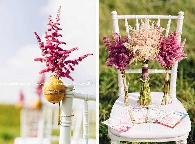 Свадьба в стиле бохо с полётом на воздушном шаре, декор стульев, букеты невесты и подружек