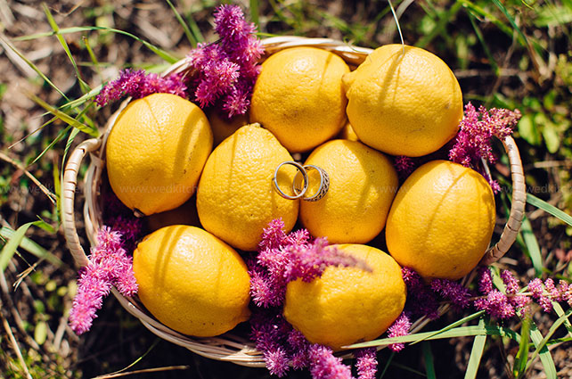 Свадьба в стиле бохо с полётом на воздушном шаре, обручальные кольца на лимонах