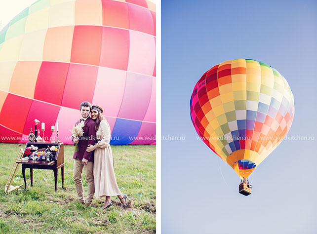 Свадьба в стиле бохо с полётом на воздушном шаре, невеста, костбм жениха, воздушный шар