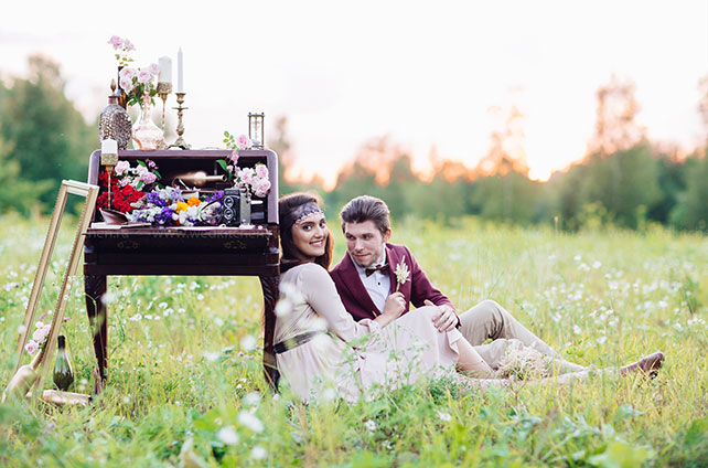 Свадьба в стиле бохо с полётом на воздушном шаре, фотосессия жениха и невесты