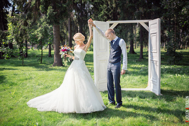 жених и невеста у свадебной арки, Анна и Александр: свадьба в стиле настольной игры Диксит