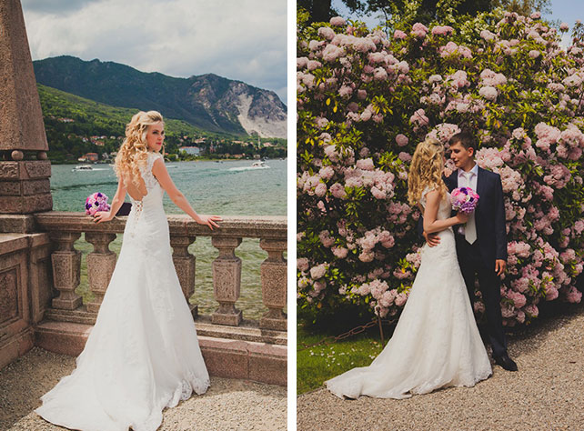 Оксана и Павел: свадьба для двоих на озере Комо, спинка свадебного платья, жених и невеста