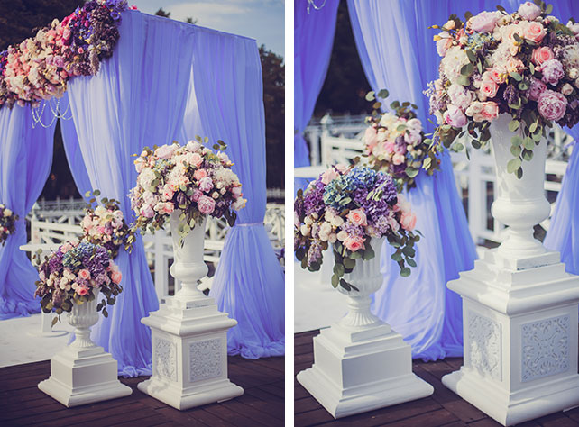 фотографии со свадьбы Марата Башарова, живые цветы в вазах