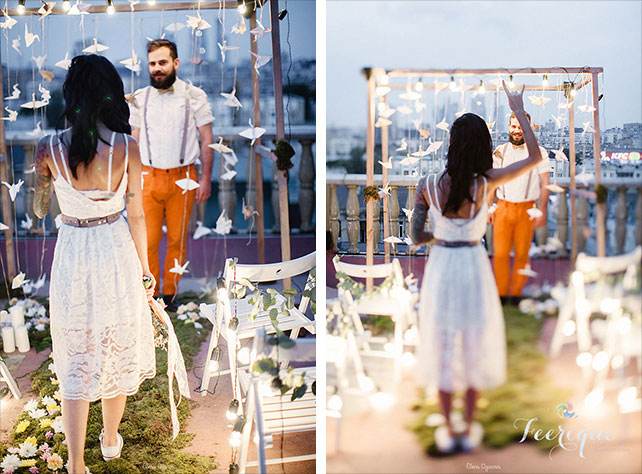 Свадьба для двоих на крыше, невеста идёт к жениху