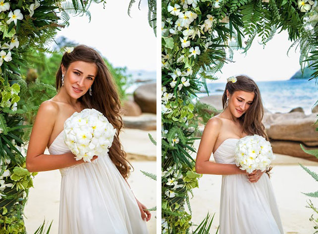 Свадьба на Сейшелах, невеста с букетом из франжипани, образ невесты