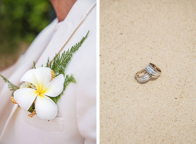 Свадьба на Сейшелах, бутоньерка жениха из франжипани, обручальные кольца на песке