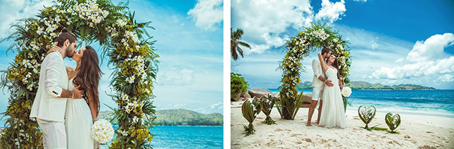 Свадьба на Сейшелах, фотосессия жениха и невесты на фоне арки для церемонии бракосочетания
