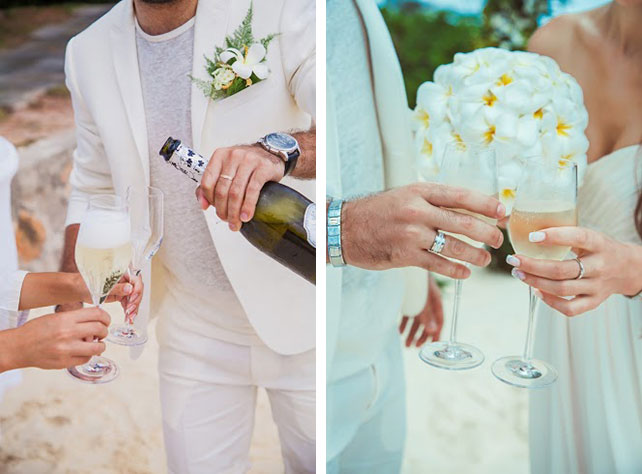 Свадьба на Сейшелах, жених и невеста пьют шампанское
