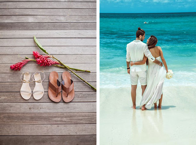 Свадьба на Сейшелах, обувь жениха и невесты, фотосессия молодоженов на пляже