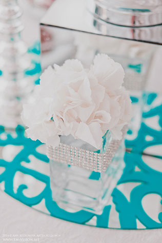 свадьба в нежных тонах, розовый и бирюзовый, цветочная композиция из гортензии