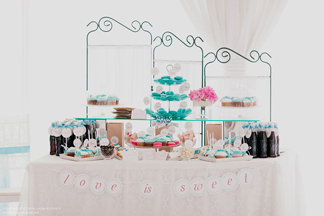 свадьба в нежных тонах, розовый и бирюзовый, сладкий стол