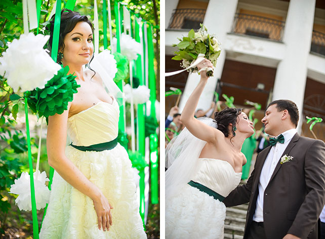 Свадьба в зелёном цвете своими руками, фотосессия молодожёнов, помпоны, приветственные ленты