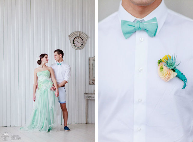 Невесомая свадьба в стиле Тиффани, жених в шортах, платье невесты, бутоньерка жениха