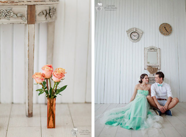 Невесомая свадьба в стиле Тиффани, фотосессия жениха и невесты