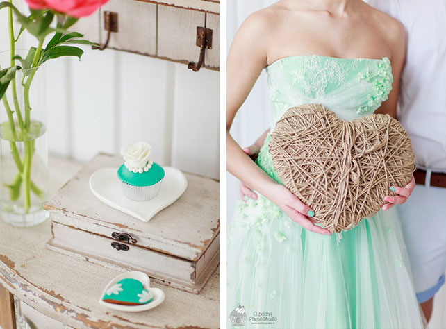 Невесомая свадьба в стиле Тиффани, фотосессия жениха и невесты, сердце из бечёвки