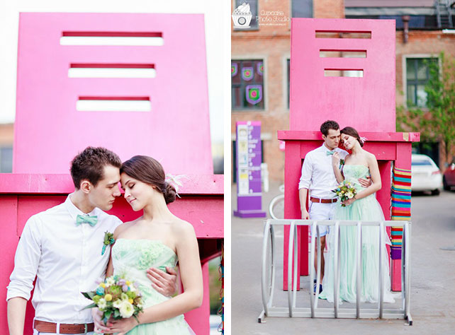 Невесомая свадьба в стиле Тиффани, фотосессия жениха и невесты на заводе Флакон