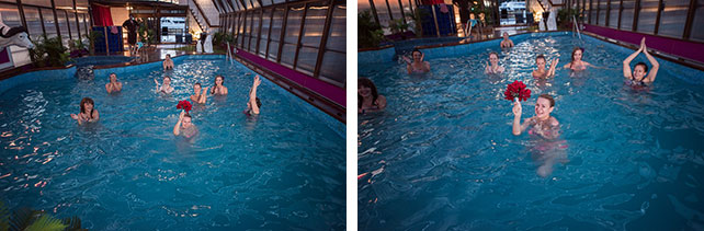 Весёлая свадьба у бассейна, подружка невесты поймала букет